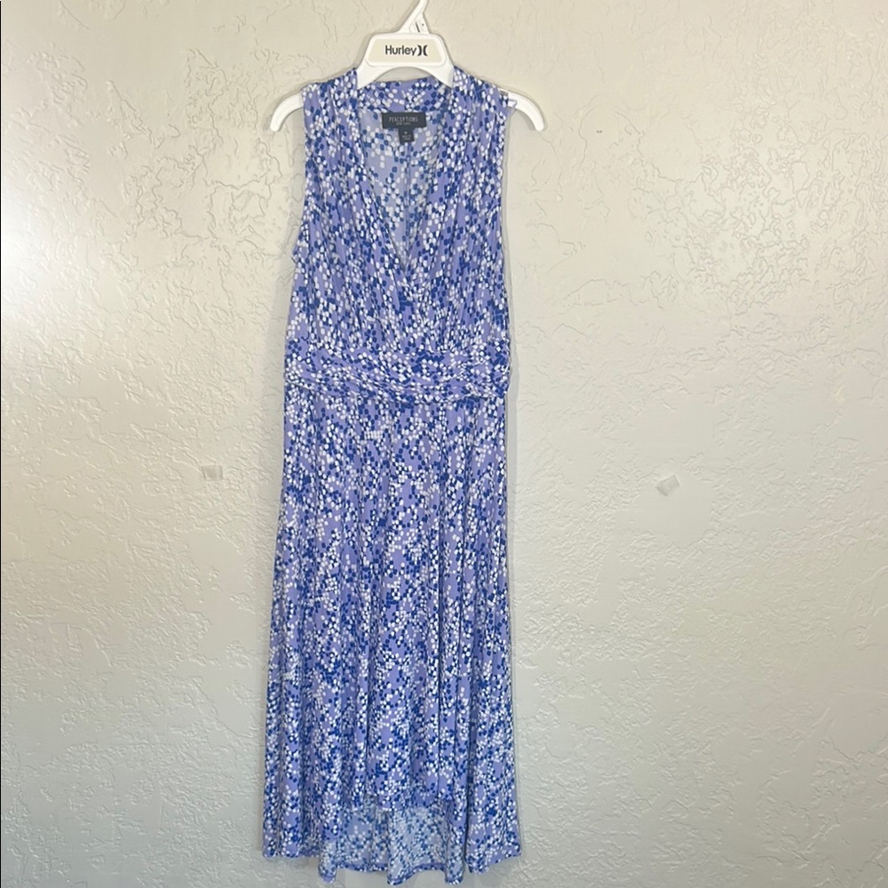 Perceptions Blue and White Sleeveless Halter Midi Dress